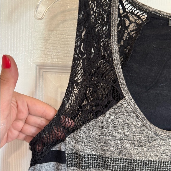 Miss Me Gray and Black Striped Rhinestone Lace Tank Top - Picture 4 of 7